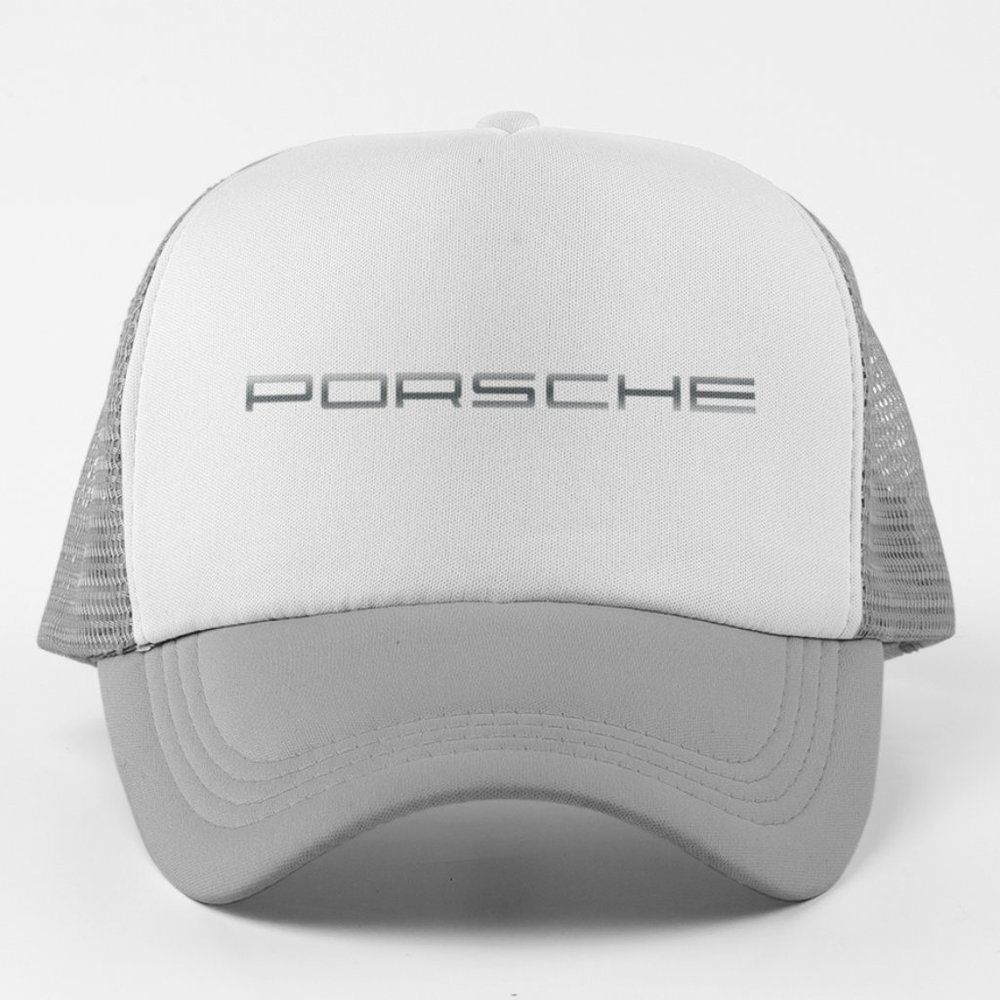 NEW Porsche Motors Silver Wordmark Logo Foam Trucker Mesh Snapback Hat GREY - Picture 1 of 3
